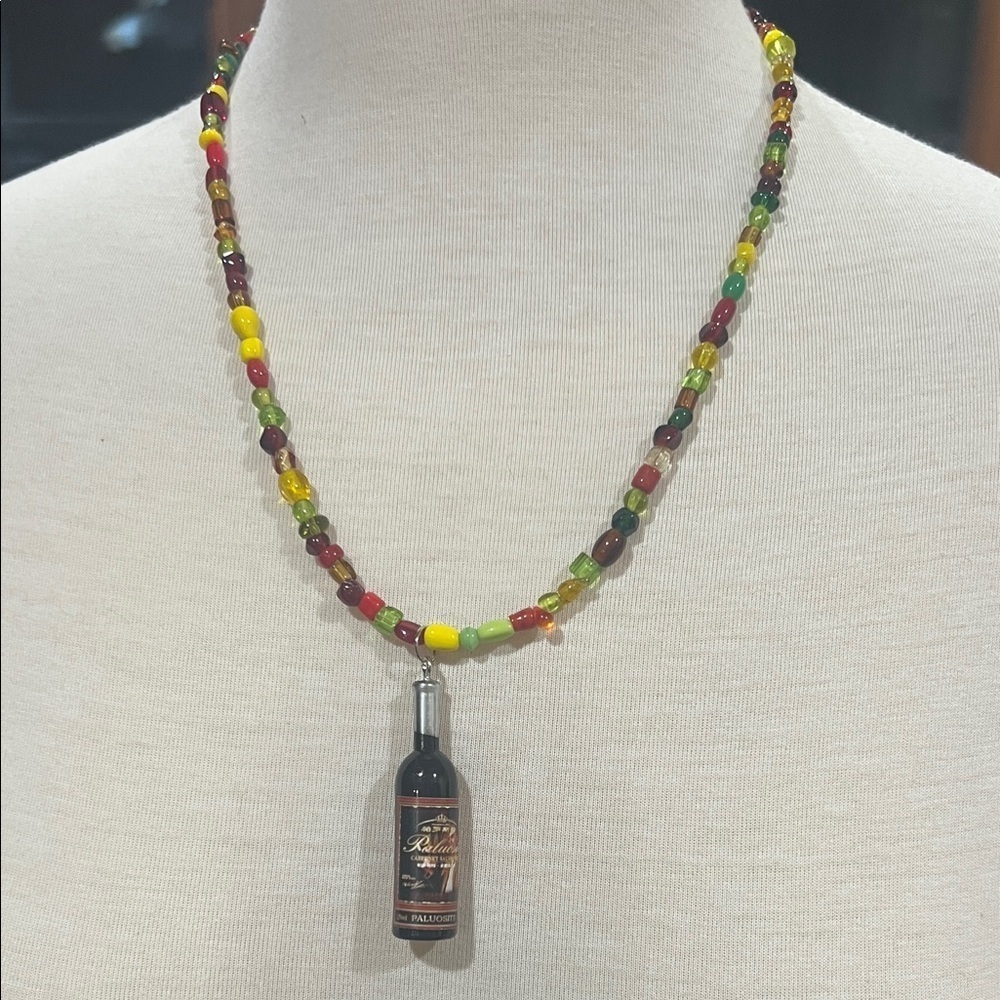 Colorful Beaded Necklace with Wine Bottle Charm Handmade Novelty Jewelry